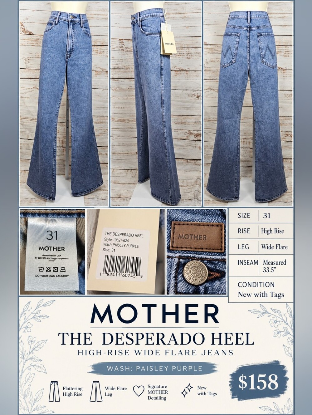 MOTHER The Desperado Heel High Rise Wide Flare Jeans 31 Paisley Purple NWT